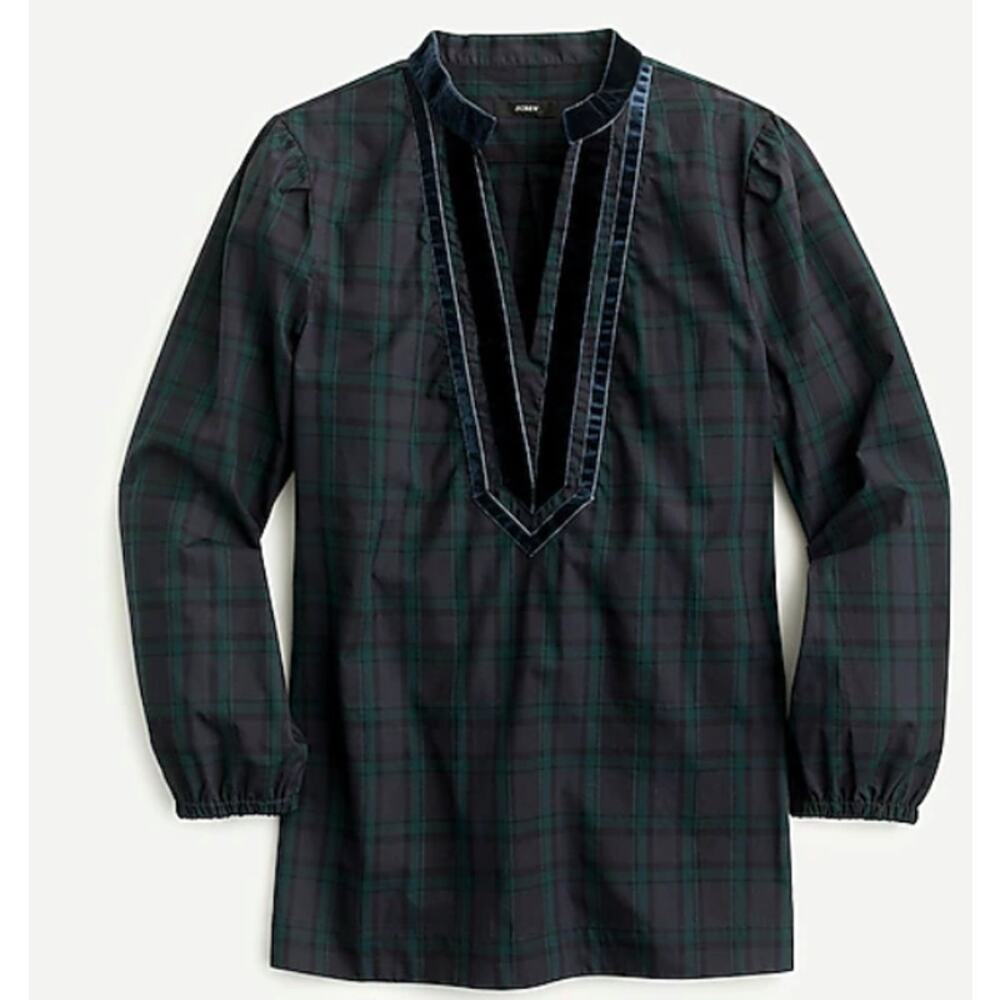 J. Crew Plaid Velvet Christmas Tunic Blouse Green Navy Blue Size Small NEW
